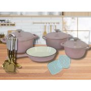 17-Piece Cast Iron Set, Kitchen Utensil Set, and Air Fryer Silicon Liner Set - Pastel